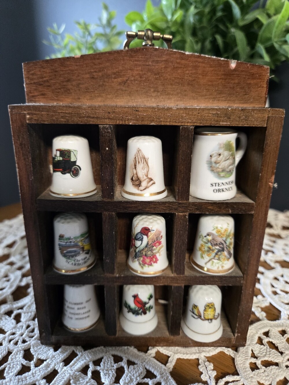 Porcelain Thimble Collection with Wooden Wall Display – 9 Pieces